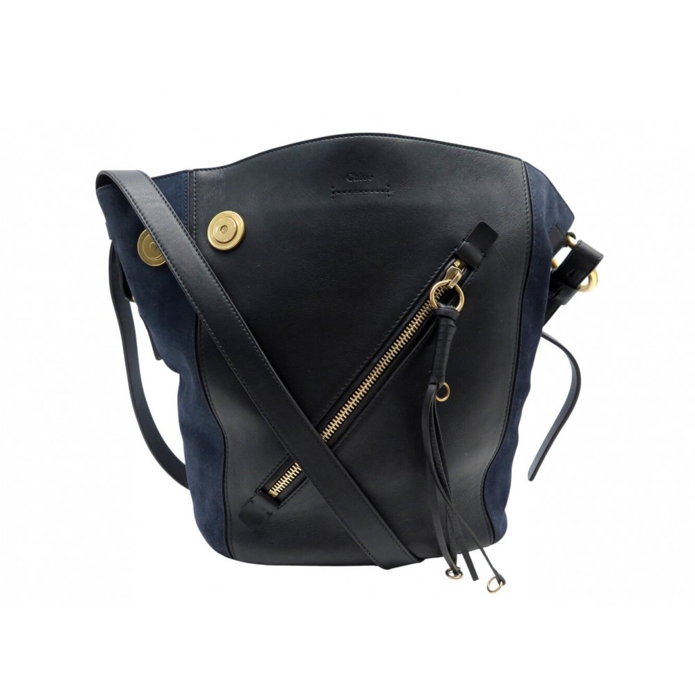 SAC A MAIN CHLOE MYER MM EN CUIR NOIR & DAIM BLEU MARINE BANDOULIERE BAG 2190€