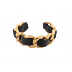 VINTAGE BRACELET CHANEL VICTOIRE DE CASTELLANE 1984 T18 MANCHETTE CHAINE & CUIR