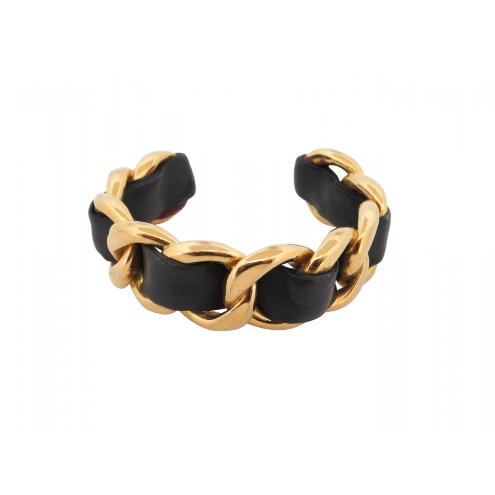 VINTAGE BRACELET CHANEL VICTOIRE DE CASTELLANE 1984 T18 MANCHETTE CHAINE & CUIR