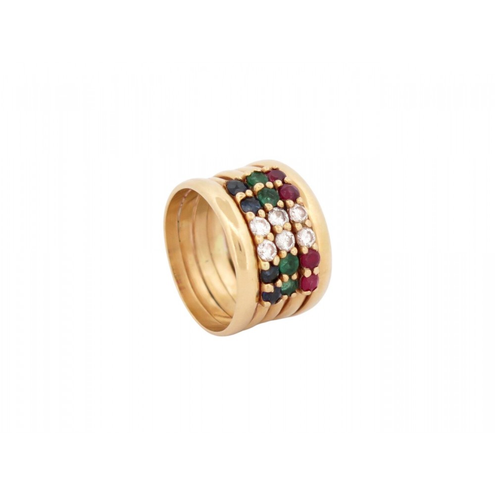 NEUF BAGUE PINKY RING 5 RANG T46 EN OR JAUNE 18K DIAMANTS RUBIS EMERAUDE SAPHIR