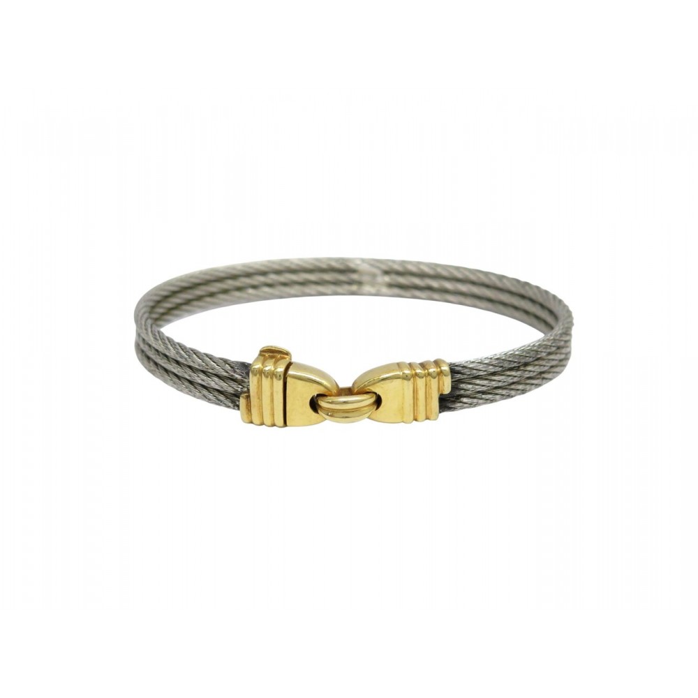 VINTAGE BRACELET FRED FORCE 10 CABLE 18 CM EN ACIER ET OR JAUNE 18K BANGLE STRAP