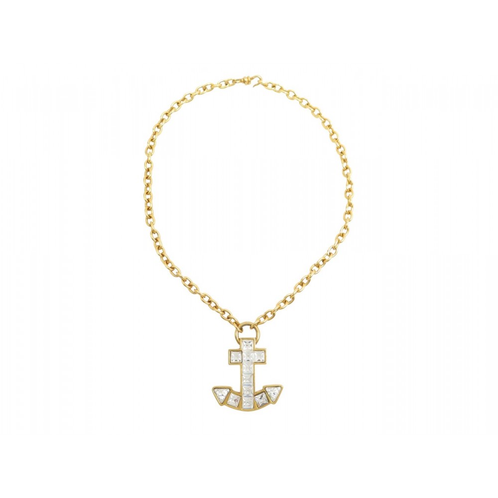 NEUF VINTAGE COLLIER SONIA RYKIEL ANCRE DE MARINE STRASS EN METAL DORE NECKLACE