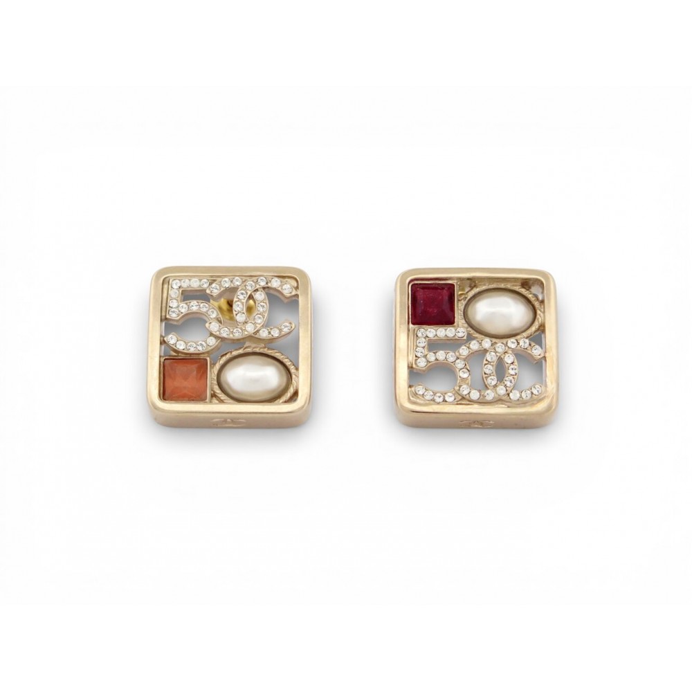 NEUF BOUCLES D'OREILLES CHANEL LOGO CC CARRE NUM 5 STRASS PERLE EARRINGS 700€