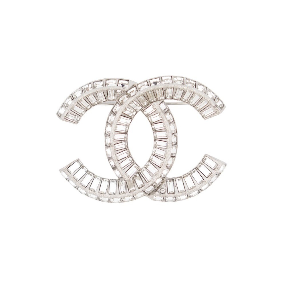 NEUF BROCHE CHANEL LOGO CC STRASS 2023 EN METAL ARGENTE SILVER BROOCH NEW 750€