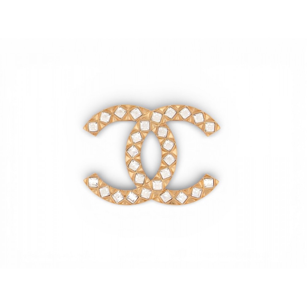 NEUF BROCHE CHANEL LOGO CC STRASS CARRES EN METAL DORE GOLD + BOITE BROOCH 750€
