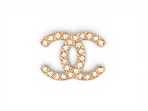 broche chanel logo cc strass carres en metal dore