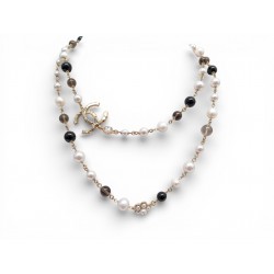 NEUF COLLIER CHANEL SAUTOIR PERLES NACRE & NOIRES LOGO CC PEARLS NECKLACE 1750€