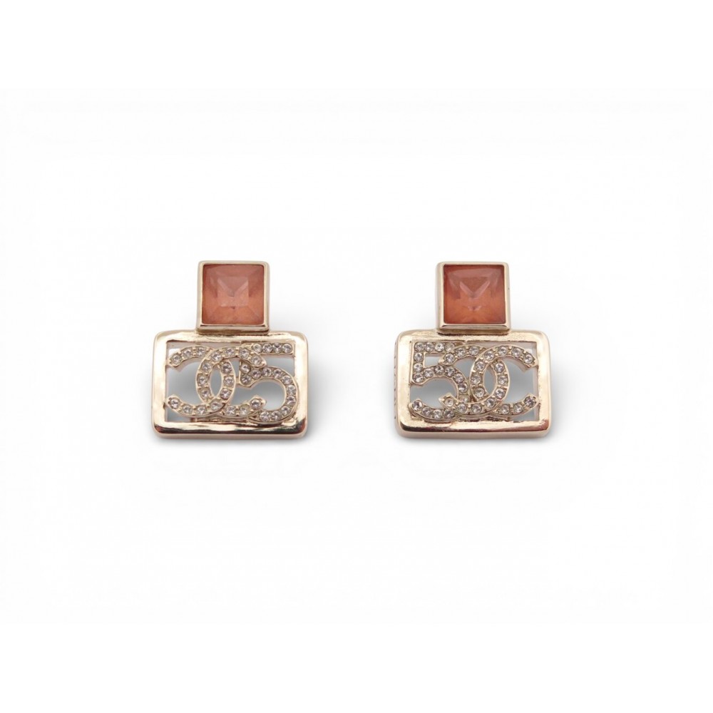 NEUF BOUCLES D'OREILLES CHANEL CARRE LOGO CC NUM 5 PIERRE ROSE EARRINGS 700€