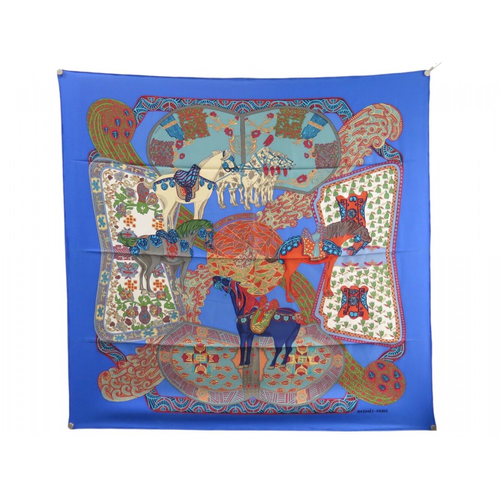 FOULARD HERMES ART DES STEPPES CARRE 90 ANNIE FAIVRE SOIE BLEU SILK SCARF 580€