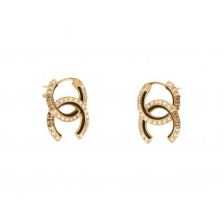 NEUF BOUCLES D'OREILLES CHANEL LOGO CC EN STRASS & EMAIL NOIR GOLD EARRINGS 700€