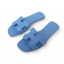 NEUF CHAUSSURES HERMES ORAN H202230Z T38 SANDALES EN CUIR BLEU MULES SHOES 635€