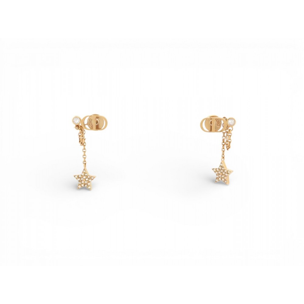 NEUF BOUCLES D OREILLES DIOR LOGO CD ETOILES PENDANTES METAL DORE EARRINGS 400€