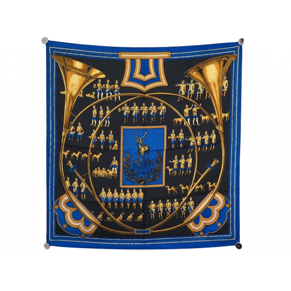 NEUF VINTAGE FOULARD HERMES SONNEURS DE TROMPE PERRIERE CARRE 90 SOIE SCARF 580€