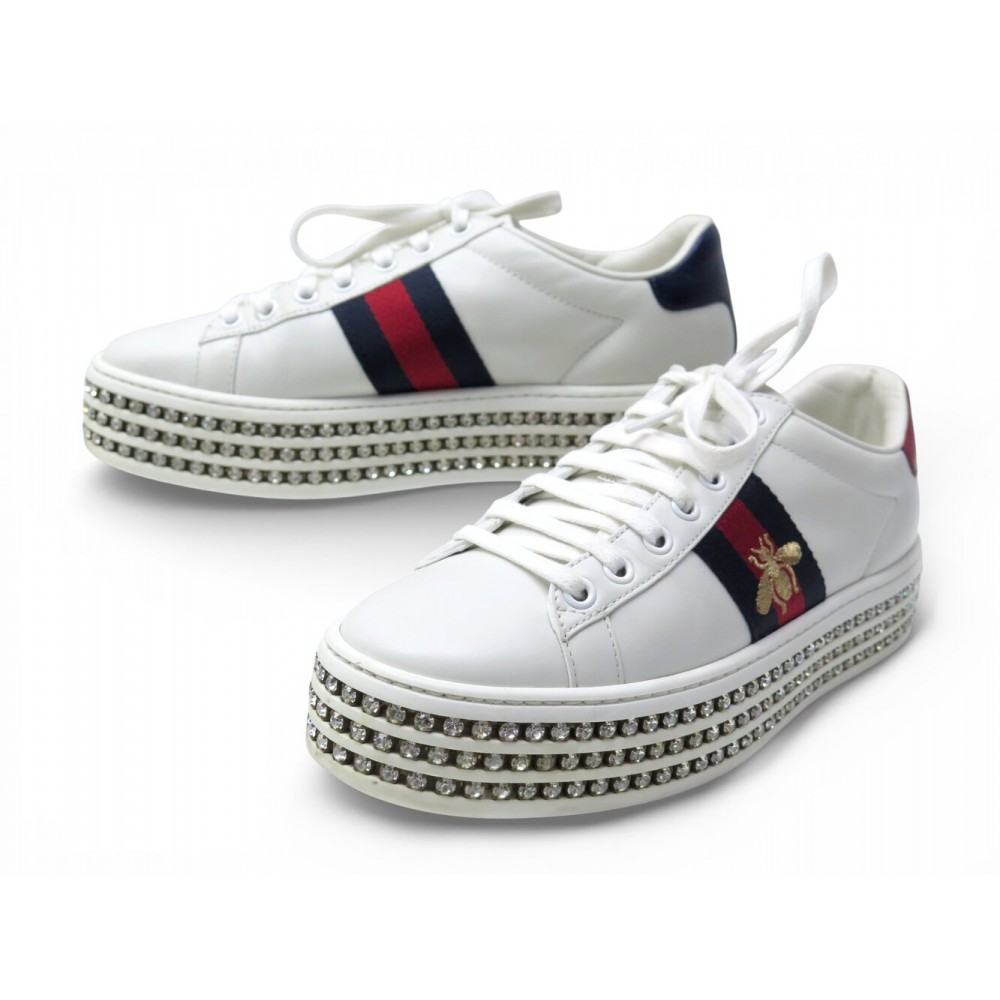 CHAUSSURES GUCCI BASKETS ACE PLATEFORME 505995 36 37 FR CUIR CRISTAL SHOES 790€