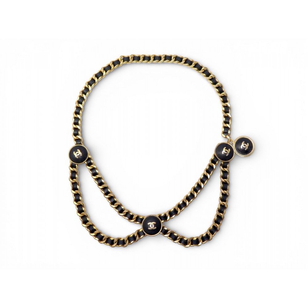 VINTAGE CEINTURE CHANEL CHAINE DORE CUIR LOGO CC T 50 90 DE CASTELLANE 1987 BELT