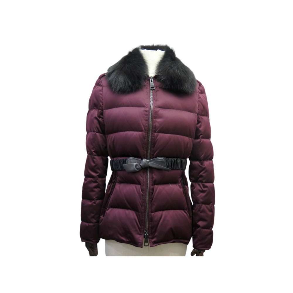 MANTEAU BURBERRY BRIT DOUDOUNE BLOUSON 42 L CEINTURE CUIR COL FOURRURE COAT 980€