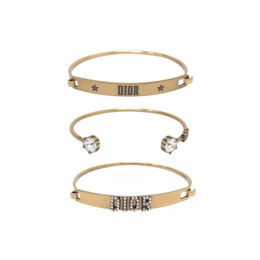NEUF BRACELET DIOR LOGO CD PERLES STRASS EN METAL DORE PEARL STRAP BANGLE 500€