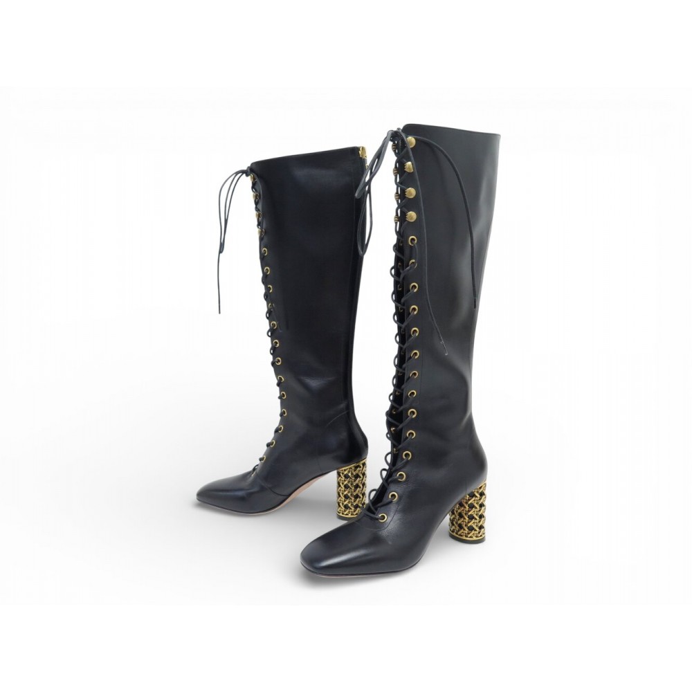 NEUF BOTTES A LACETS DIOR ICON TALONS CANNAGE 37 IT 36 FR CUIR NOIR BOOTS 1990€