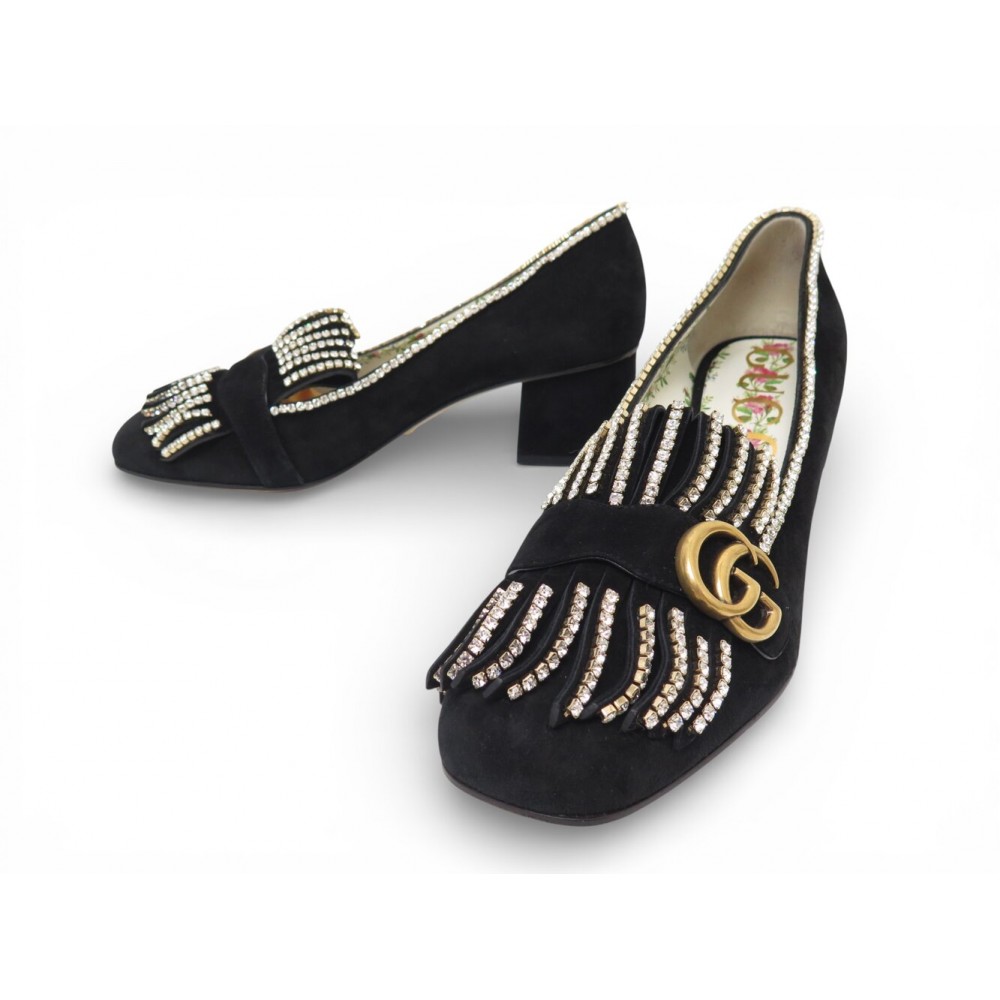 NEUF CHAUSSURES GUCCI 501002 DOUBLE G MARMONT CRISTAUX 42 DAIM NOIR SHOES 950€