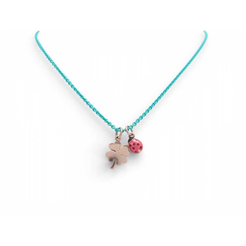 NEUF COLLIER DODO POMELLATO PENDENTIFS CHARMS COCCINELLE ET TREFLE OR 9CT 460€