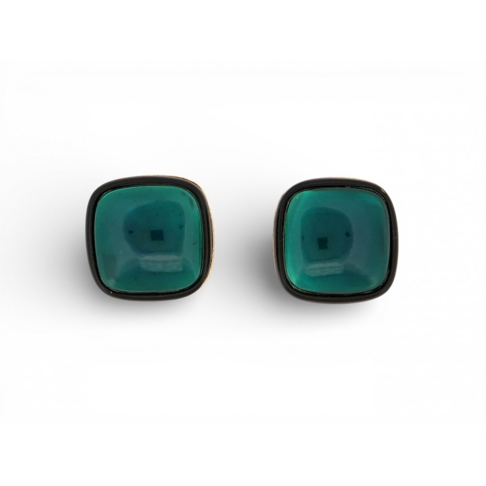 VINTAGE BOUCLES D'OREILLES YVES SAINT LAURENT CARRE CABOCHON TURQUOISE GRIPOIX