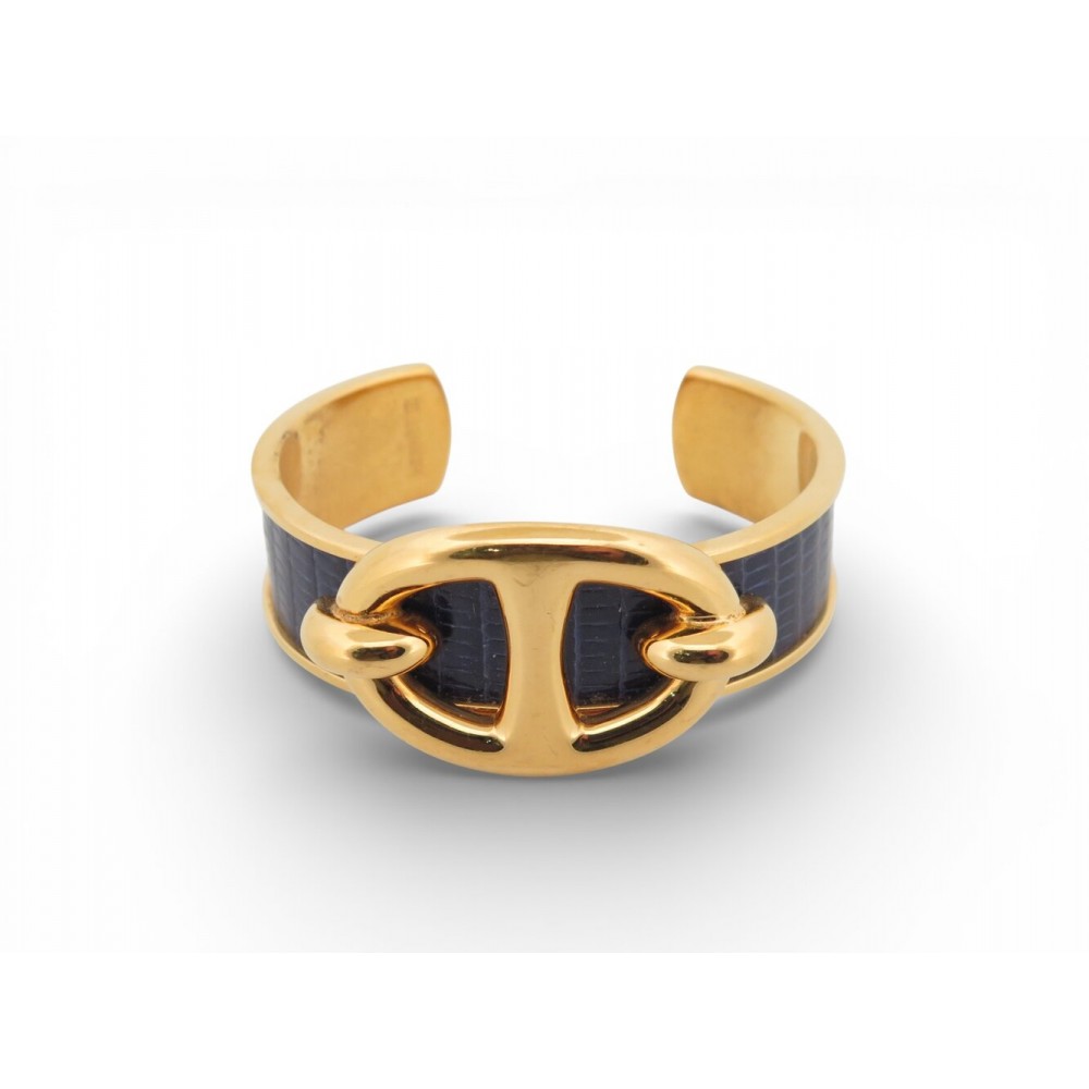 BRACELET HERMES CHAINE D'ANCRE T15 EN METAL DORE & CUIR LEZARD BLEU MARINE 690€