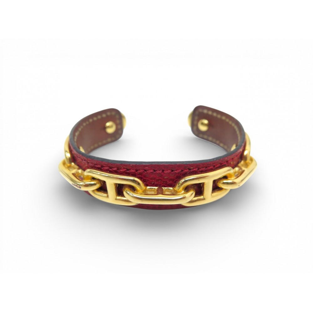 BRACELET HERMES MAILLONS CHAINE D'ANCRE 16 CUIR LEZARD ROUGE LEATHER BANGLE 690€