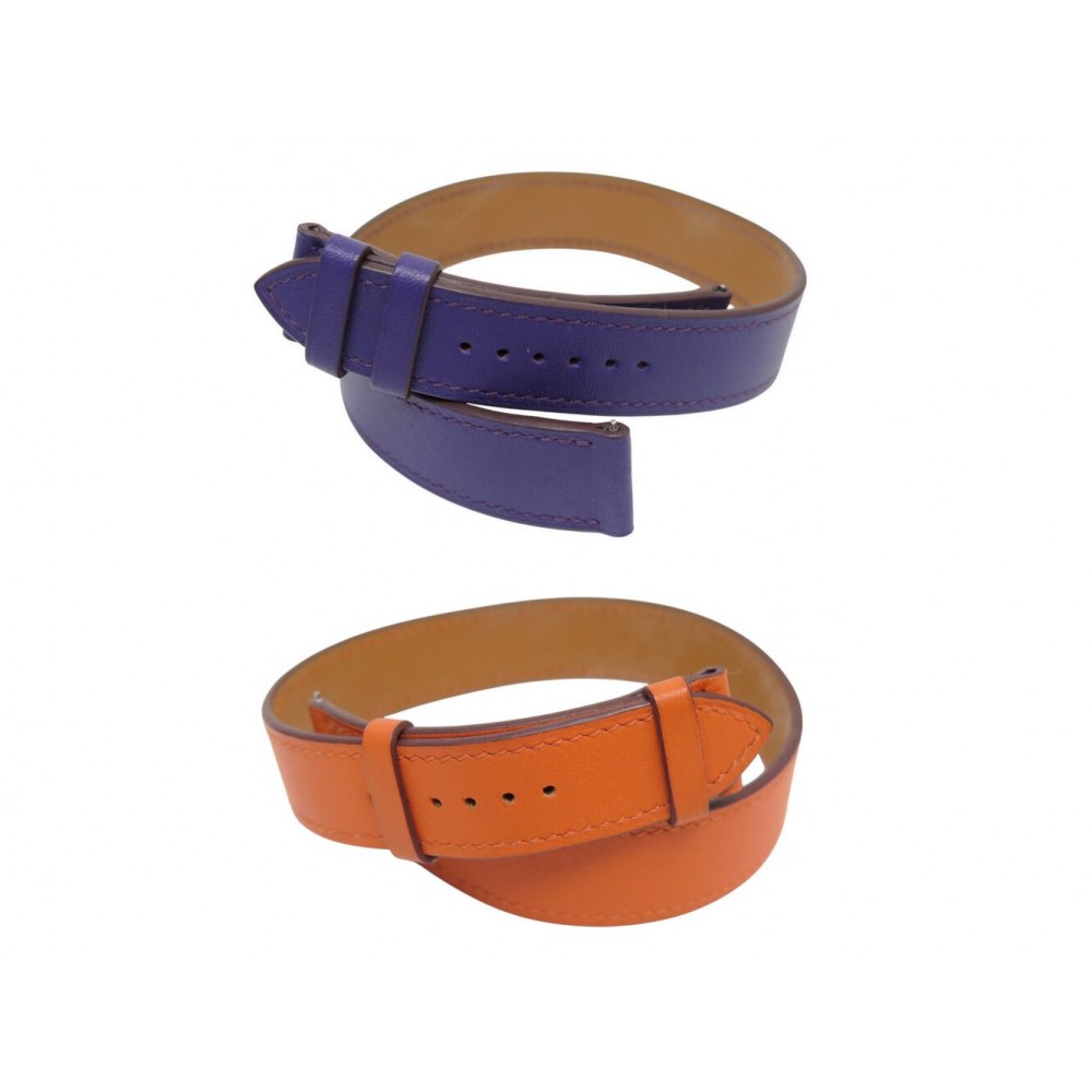 NEUF 2 BRACELETS HERMES POUR MONTRE CAPE COD 20MM ORANGE VIOLET DOUBLE TOUR 700€