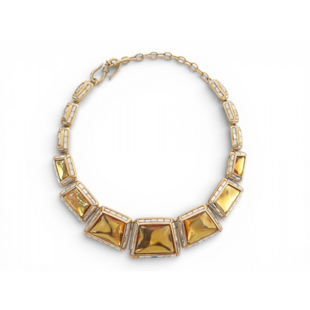 VINTAGE COLLIER YVES SAINT LAURENT CABOCHON JAUNE ET STRASS GRIPOIX NECKLACE