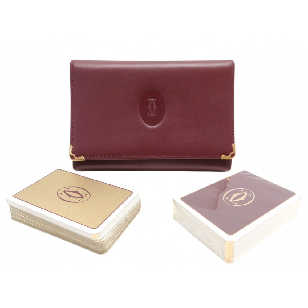 NEUF 2 JEUX DE CARTES BRIDGE ETUI MUST DE CARTIER EN CUIR BORDEAUX PLAYING CARDS