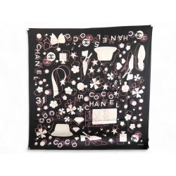 NEUF FOULARD CHANEL CC PARFUM CHAPEAU SAC CARRE 90 EN SOIE NOIR SILK SCARF 530€
