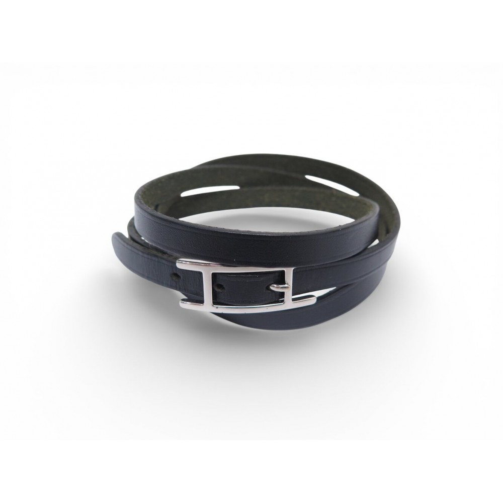 NEUF BRACELET HERMES BEHAPI TRIPLE TOUR 20.8 CM EN CUIR SWIFT BLEU BANGLE 410€