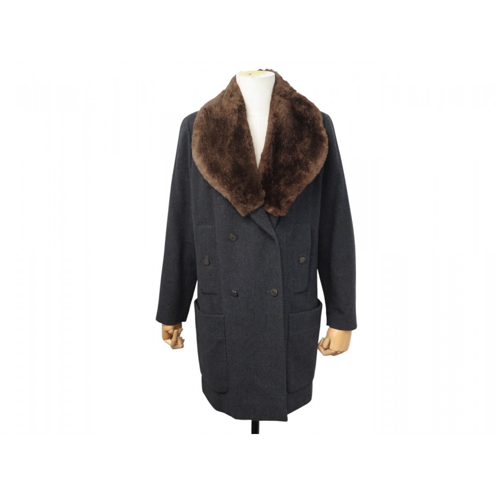 NEUF MANTEAU CHANEL DOUBLE BOUTTONNAGE M 38 COL FOURRURE LAPIN CACHEMIRE 9500€