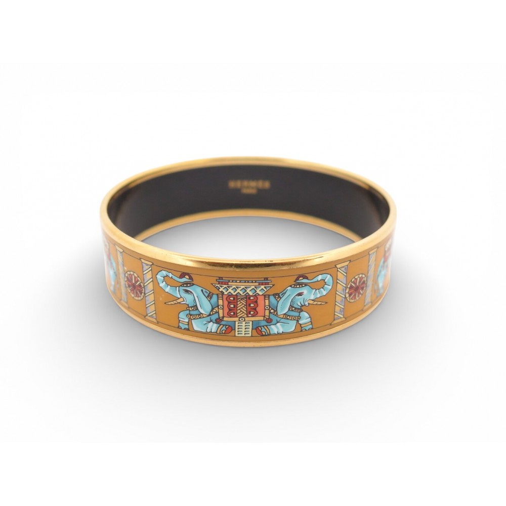 BRACELET HERMES TORANA MOTIFS ELEPHANTS LARGE EN EMAIL 19.5 CM PLAQUE OR 590€