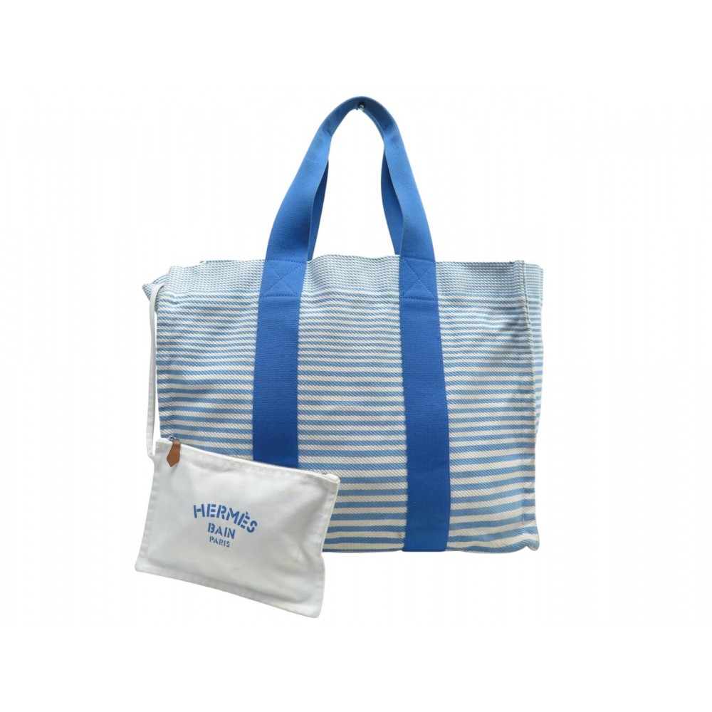 SAC A MAIN DE PLAGE HERMES CABAS 60 CM TOILE BLEUE AVEC POCHETTE BEACH TOTE BAG