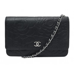 NEUF SAC A MAIN CHANEL POCHETTE WALLET ON CHAIN CAMELIA CUIR NOIR WOC BAG 4100€