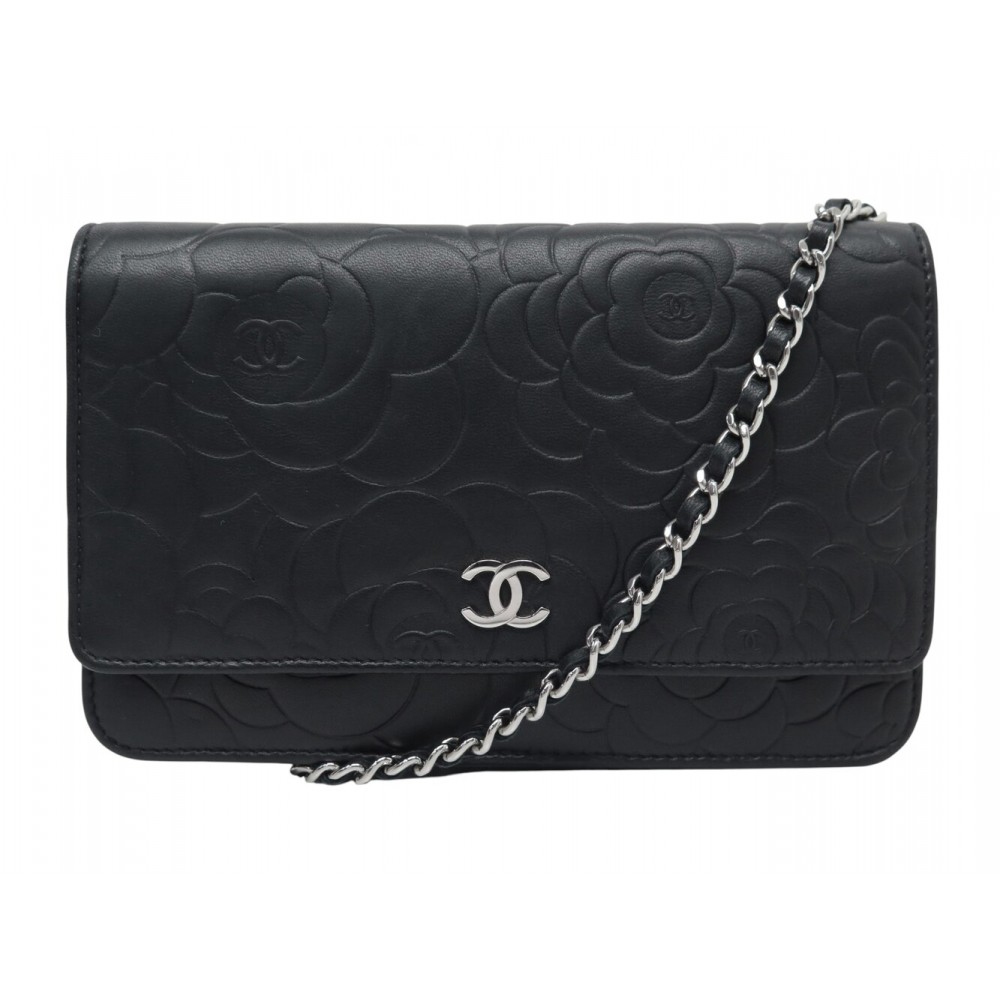 NEUF SAC A MAIN CHANEL POCHETTE WALLET ON CHAIN CAMELIA CUIR NOIR WOC BAG 4100€