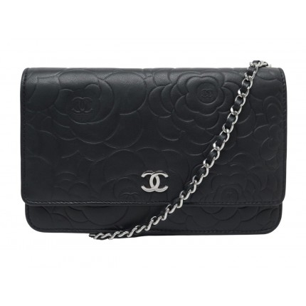 NEUF SAC A MAIN CHANEL POCHETTE WALLET ON CHAIN CAMELIA CUIR NOIR WOC BAG 4100€