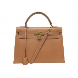 VINTAGE SAC A MAIN HERMES KELLY 32 SELLIER CUIR COURCHEVEL GOLD BANDOULIERE BAG