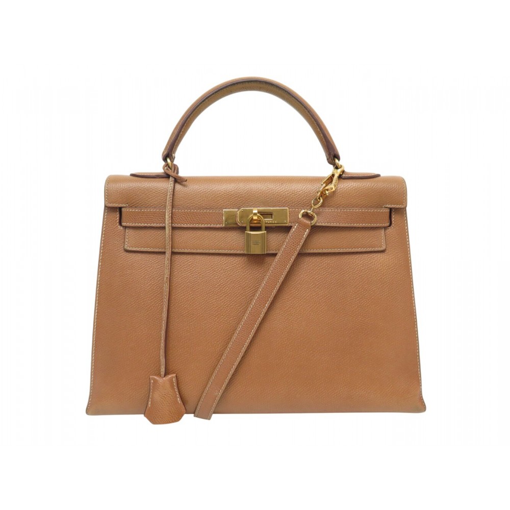 VINTAGE SAC A MAIN HERMES KELLY 32 SELLIER CUIR COURCHEVEL GOLD BANDOULIERE BAG