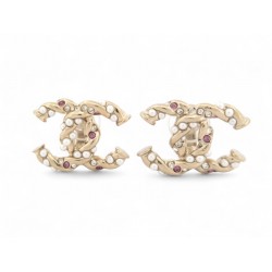 NEUF BOUCLES D'OREILLES CHANEL LOGO CC PERLES STRASS DORE +BOITE EARRINGS 650€