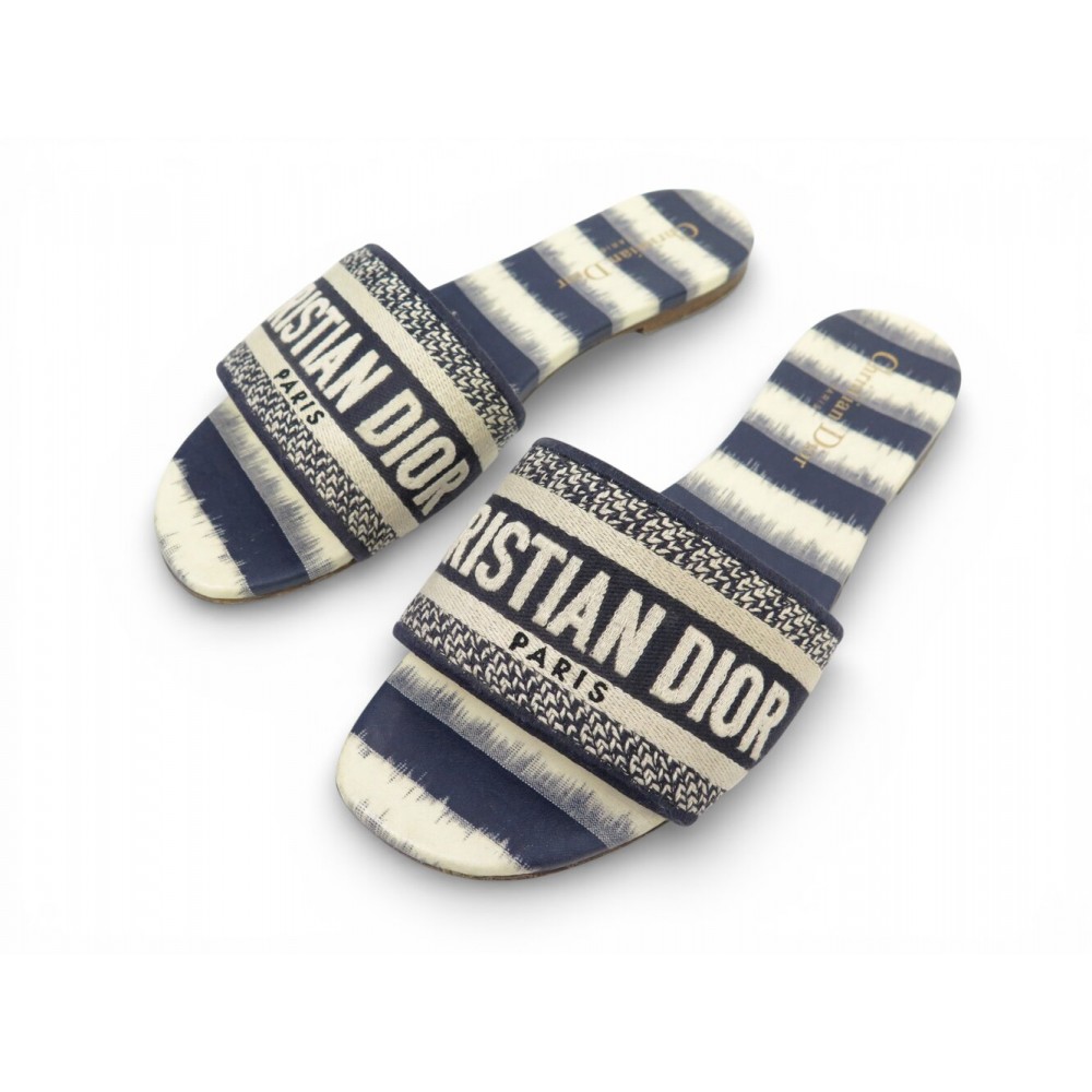 CHAUSSURES DIOR SANDALES DWAY 38 MULES EN TOILE COTON BRODE BICOLORE SHOES 690€