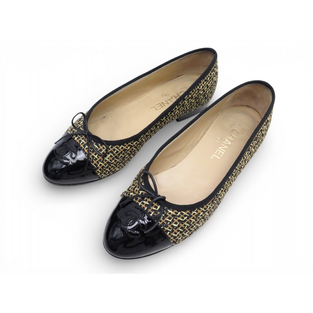 BALLERINES CHANEL G02819 EN TWEED MULTICOLORE & CUIR VERNI 39.5 FLAT SHOES 960€
