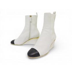 CHAUSSURES CHANEL G39428 BOTTINES 36.5 CUIR BLANC & BOUTS NOIRS LOW BOOTS 1600€