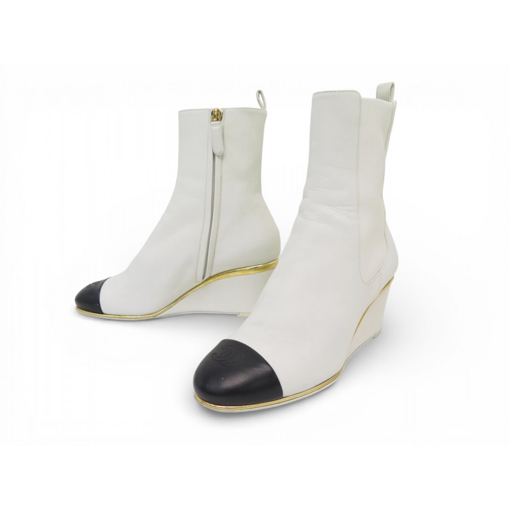 CHAUSSURES CHANEL G39428 BOTTINES 36.5 CUIR BLANC & BOUTS NOIRS LOW BOOTS 1600€