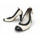CHAUSSURES CHANEL G26644 BALLERINES A TALONS 36.5 CUIR VERNI NOIR & BLANC 960€