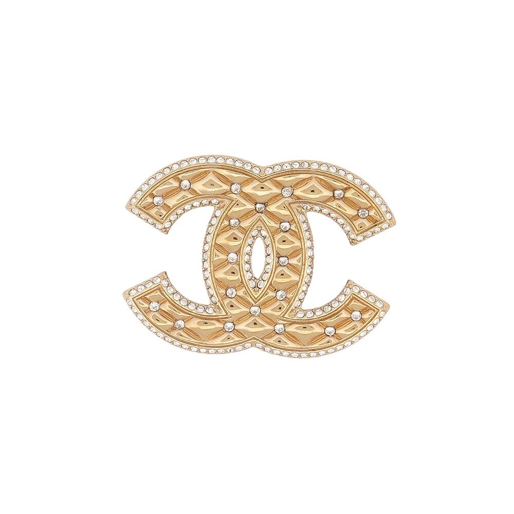 NEUF BROCHE CHANEL LOGO CC MATELASSE EN METAL DORE & STRASS GOLDEN BROOCH 700€