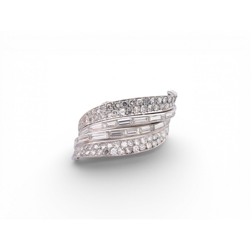 BROCHE 1960 SERTIE DIAMANTS BAGUETTE & RONDS 9CT PLATINE 15.4GR DIAMONDS BROOCH