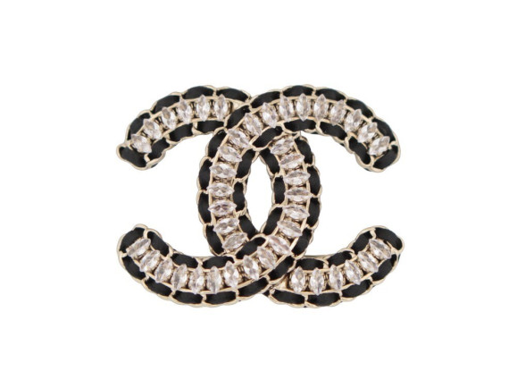 broche chanel logo cc strass et cuir entrelace