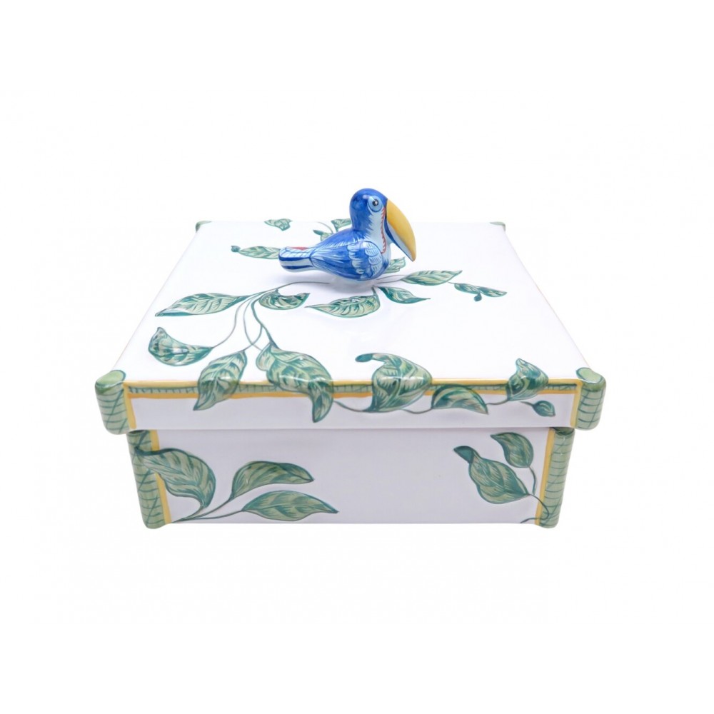 NEUF RARE & VINTAGE BOITE HERMES TOUCANS EN PORCELAINE DE MOUSTIERS BLANCHE BOX